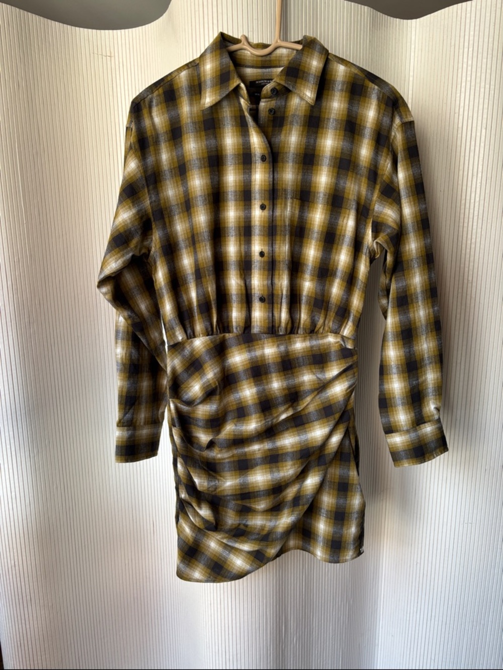SCOTCH & SODA Yellow, Black & Cream Plaid Button-Down Shirt Dress